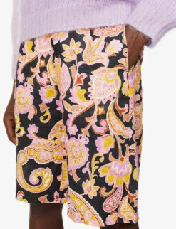 Gucci Floral-print Relaxed-fit Linen Shorts 9 Gucci Floral-print Relaxed-fit Linen Shorts -Outlet Daily Tops Store R03817506 BLACKROSEBEIGE ALT04