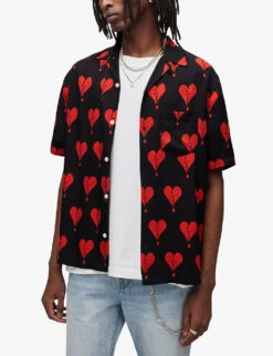 AllSaints Breakup Heart-print Relaxed-fit Woven Shirt -Outlet Daily Tops Store R04002951 JETBLACK ALT02