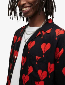 AllSaints Breakup Heart-print Relaxed-fit Woven Shirt -Outlet Daily Tops Store R04002951 JETBLACK ALT04