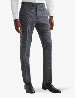 Reiss Leadenhall Dogtooth Straight-leg Mid-rise Wool Trousers -Outlet Daily Tops Store R04068056 NAVY ALT02
