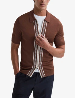 Reiss Castleton Zip-fastened Stretch Woven-blend Polo Shirt -Outlet Daily Tops Store R04087073 RUST ALT02