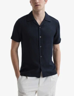 Reiss Vitus Cuban-collar Slim-fit Woven Polo Shirt -Outlet Daily Tops Store R04103909 NAVY ALT02