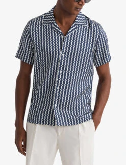 Reiss Mayday Abstract-stripe Slim-fit Recycled-polyester Shirt -Outlet Daily Tops Store R04103910 NAVY ALT02