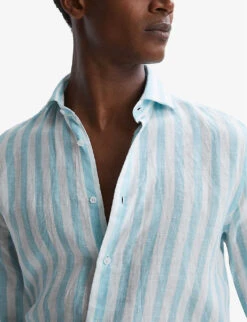 Reiss Ruban Regular-fit Long-sleeve Linen Shirt -Outlet Daily Tops Store R04116717 AQUAMARINESTRI ALT03