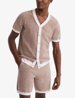 Reiss Striker Contrast-trim Pressed-stud Knitted Shirt 7 Reiss Striker Contrast-trim Pressed-stud Knitted Shirt -Outlet Daily Tops Store R04116735 CHAMPAGNE ALT02