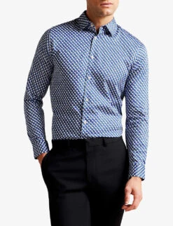 Ted Baker Border Geo-print Regular-fit Stretch-cotton Shirt -Outlet Daily Tops Store R04121876 DKBLUE ALT02