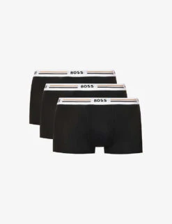 Boss Pack Of Three Branded Striped-waistband Regular-fit Stretch-jersey Trunks