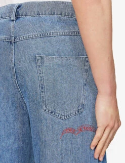 Marni Brand-appliqué Flared-hem Flared-leg Relaxed-fit Trousers 9 Marni Brand-appliqué Flared-hem Flared-leg Relaxed-fit Trousers -Outlet Daily Tops Store R04143405 IRISBLUE ALT04