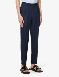 Oscar Jacobson Delon Knife-pleated Tapered-leg Regular-fit Linen Trousers -Outlet Daily Tops Store R04145844 NAVY ALT02