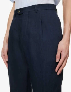 Oscar Jacobson Delon Knife-pleated Tapered-leg Regular-fit Linen Trousers -Outlet Daily Tops Store R04145844 NAVY ALT04