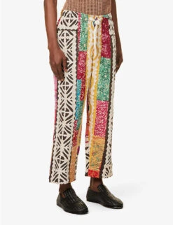 Patchwork-quilted Drawstring-waistband Tapered-leg Relaxed-fit Trousers 7 Patchwork-quilted Drawstring-waistband Tapered-leg Relaxed-fit Trousers -Outlet Daily Tops Store R04146807 GOLDWHITEBLUEPINK ALT02