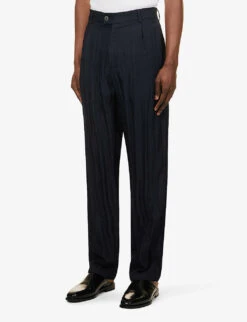 Giorgio Armani Crinkle-textured Pleated Straight-leg Regular-fit Woven Trousers 7 Giorgio Armani Crinkle-textured Pleated Straight-leg Regular-fit Woven Trousers -Outlet Daily Tops Store R04147522 NIGHTSKY ALT02