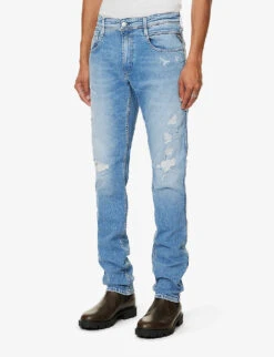 Replay Anbass 573 Regular-fit Distressed Stretch-denim Jeans -Outlet Daily Tops Store R04151302 MEDIUMBLUE ALT02
