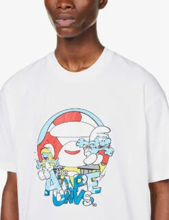 AAPE X The Smurfs Graphic-print Cotton-jersey T-shirt -Outlet Daily Tops Store R04152465 WHITE ALT04