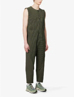 Pleated-texture Dropped-crotch Wide-leg Relaxed-fit Knitted Jumpsuit -Outlet Daily Tops Store R04163785 DEEPKHAKI ALT02
