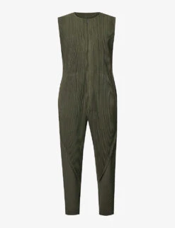 Pleated-texture Dropped-crotch Wide-leg Relaxed-fit Knitted Jumpsuit