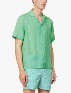 Geometric-print Camp-collar Relaxed-fit Linen Shirt -Outlet Daily Tops Store R04167473 SPRINGGREEN ALT02