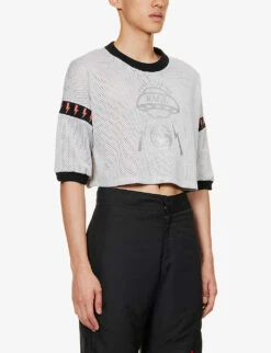 Brand-print Cropped Mesh Woven T-shirt -Outlet Daily Tops Store R04173415 GREYBLUE ALT02