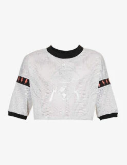 Brand-print Cropped Mesh Woven T-shirt