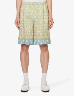 Versace Logo-print Polka Dot-hem Linen Shorts -Outlet Daily Tops Store R04181571 LIGHTBLUEIVORY ALT02