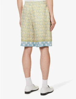 Versace Logo-print Polka Dot-hem Linen Shorts -Outlet Daily Tops Store R04181571 LIGHTBLUEIVORY ALT03