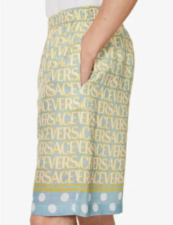 Versace Logo-print Polka Dot-hem Linen Shorts -Outlet Daily Tops Store R04181571 LIGHTBLUEIVORY ALT04