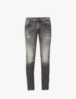 Replay Anbass Distressed Tapered-leg Slim-fit Stretch-denim Jeans