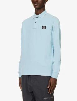 Stone Island Logo-badge Long-sleeved Stretch-cotton-piqué Polo Shirt -Outlet Daily Tops Store R04188776 SKYBLUE ALT02