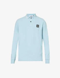 Outlet Daily Tops Store 11 Stone Island Logo-badge Long-sleeved Stretch-cotton-piqué Polo Shirt