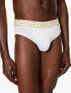 Versace Logo-waistband Low-rise Stretch-cotton Briefs -Outlet Daily Tops Store R04188838 WHITEGREEKGOLD ALT03