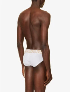 Versace Pack Of Three Logo-waistband Low-rise Stretch-cotton Briefs -Outlet Daily Tops Store R04188853 WHITEGREEKGOLD ALT02