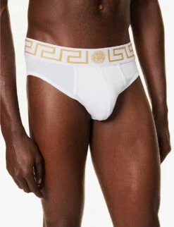 Versace Pack Of Three Logo-waistband Low-rise Stretch-cotton Briefs -Outlet Daily Tops Store R04188853 WHITEGREEKGOLD ALT03